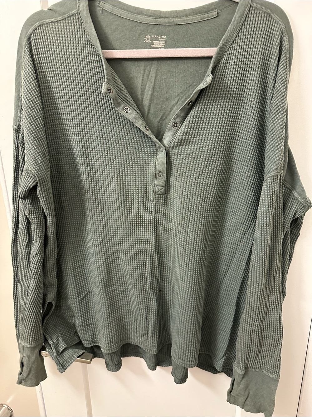 aerie Sage Green Waffle Henley Long Sleeve Top